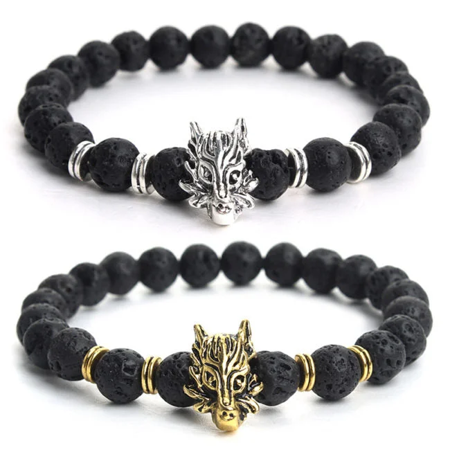 Best friendship bracelets for girls-8mm Black Lava Rock Round Bead Wolf Bracelet