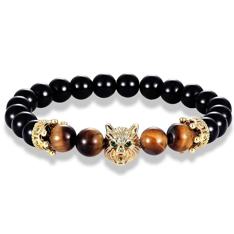 Silver bangles for everyday wear-8mm Black Onyx Tiger-Eye Crown Wolf Bead Bracelet