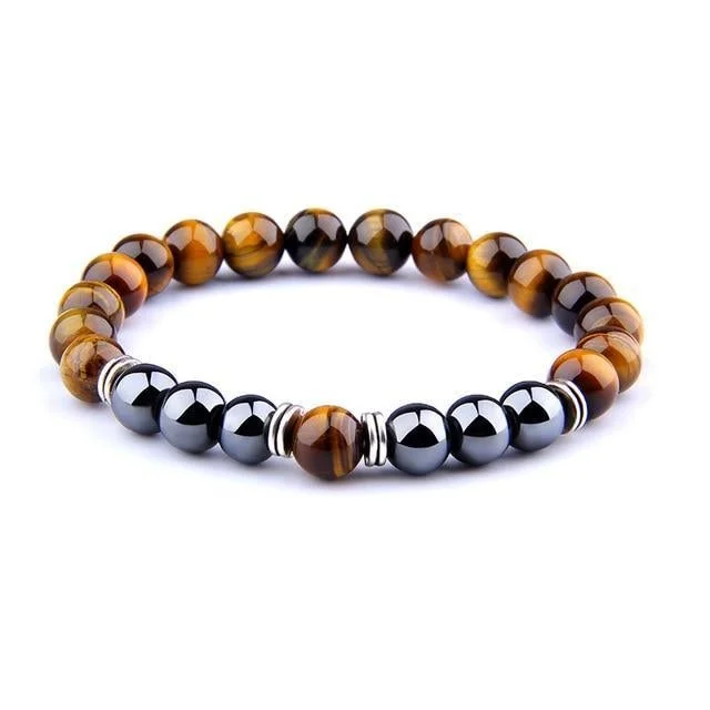 Luxury gold bracelets for women-8mm Tiger-Eye Hematite Bead Bracelet 9"