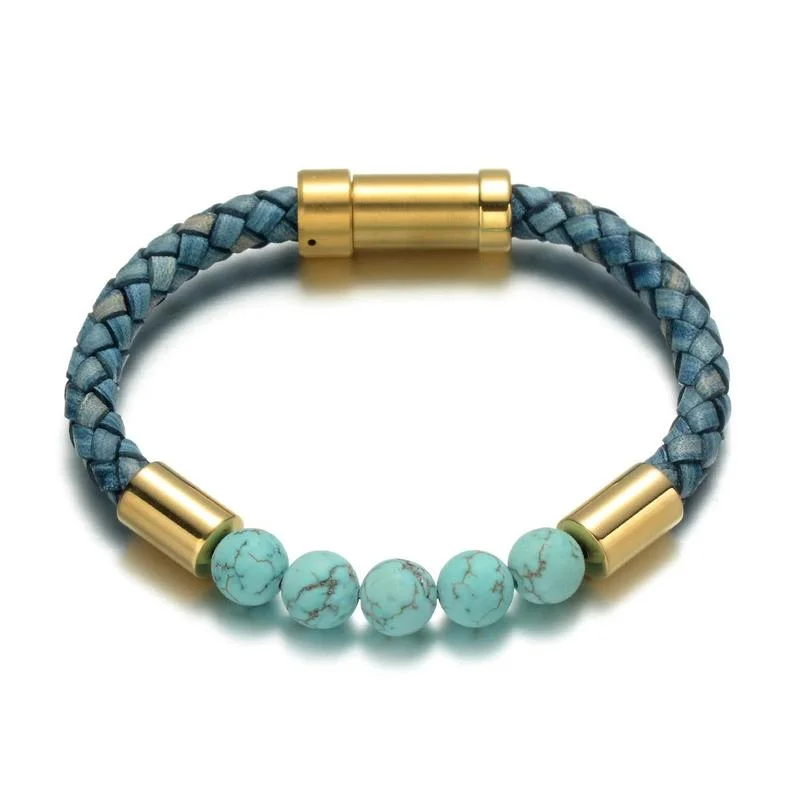 Custom leather bracelets for him-Blue Turquoise Woven Leather Stainless Steel Luxury Bracelet