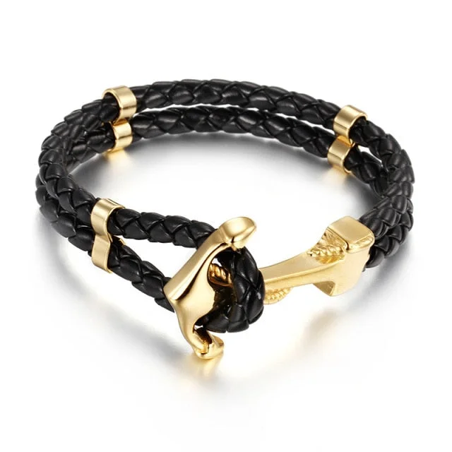 Silver bracelets with gemstones for women-Braided Leather Gold Plated Stainless Steel Anchor Bracelet