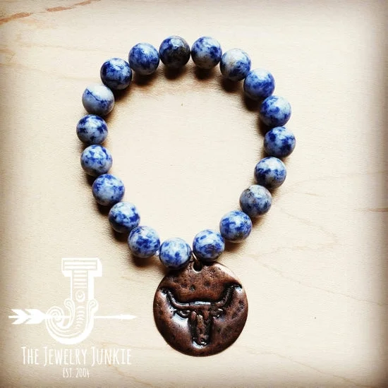 Custom silver bracelets for women-Blue Spot Bracelet with Steer Head Coin Bracelet