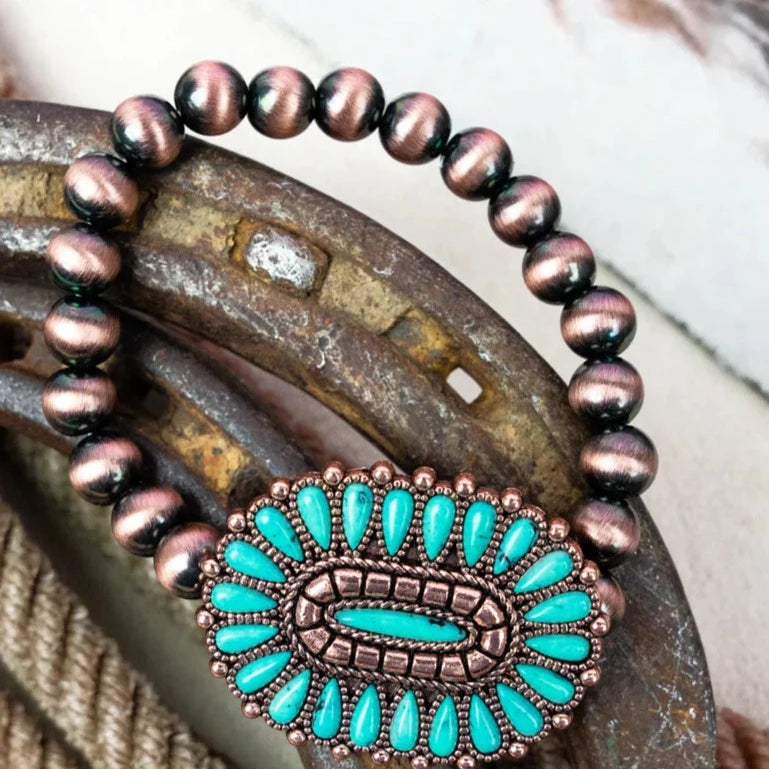 Luxury gold charm bracelets for women-Turquoise Concho and Copper Navajo Pearl Stretch Bracelet