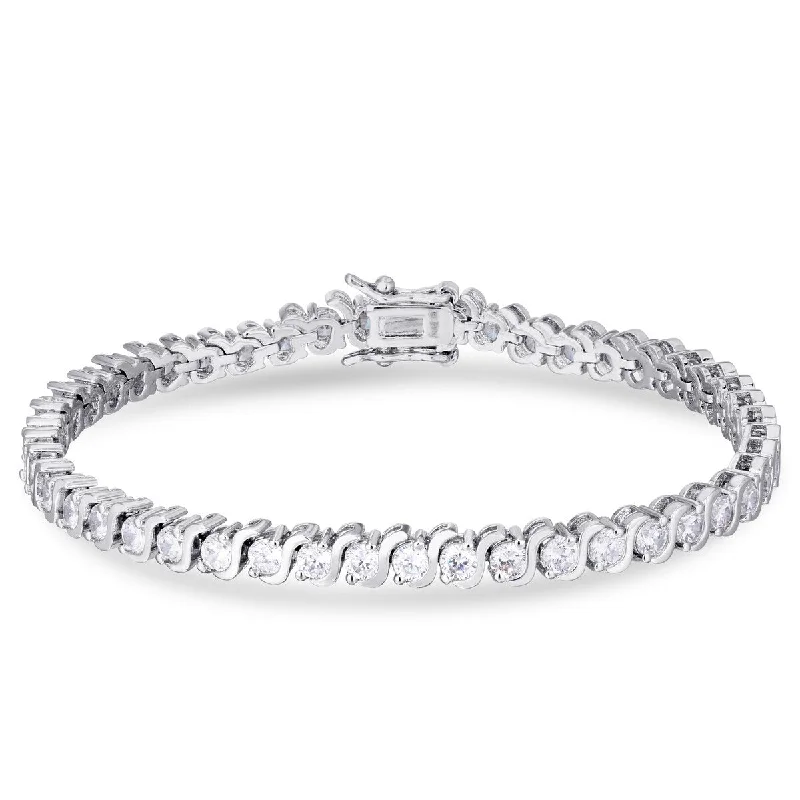 Trendy stacking bracelets for girls-Cubic Zirconia "S" Design Line Silver Plated Bracelet