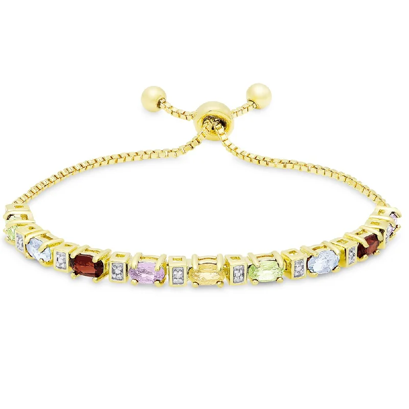 Gold bracelet sets for women-Dolce Giavonna Gold Overlay Multi Gemstone and Diamond Accent Adjustable Slider Oval Bracelet