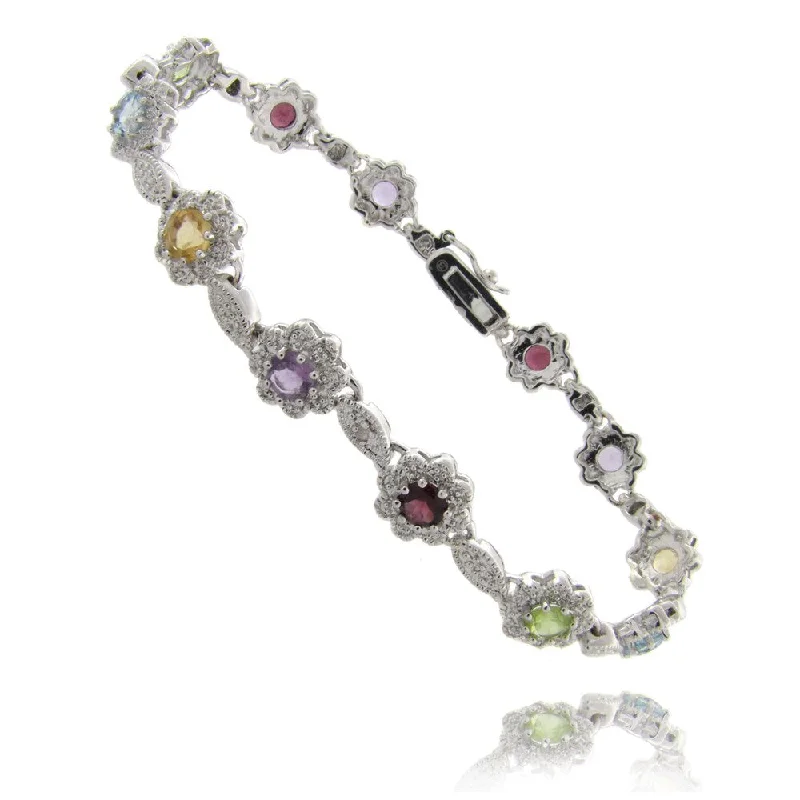 Custom engraved silver bracelets-Dolce Giavonna Silver Overlay Multi-Gemstone and Diamond Accent Flower Link Bracelet