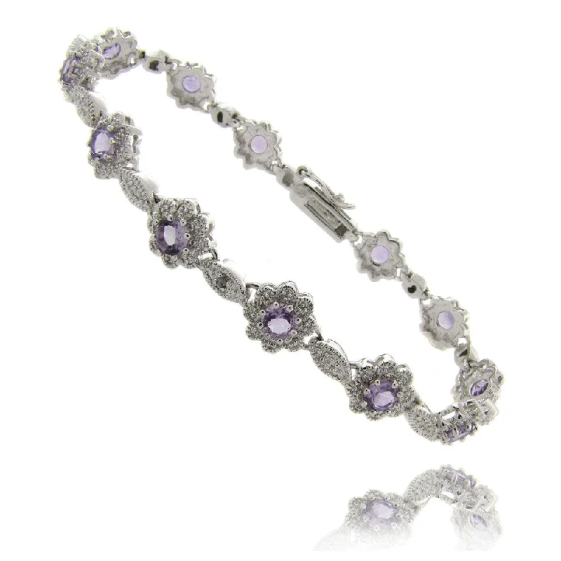 Trendy gold bracelets for women-Dolce Giavonna Silverplated Amethyst and Diamond Accent Flower Bracelet