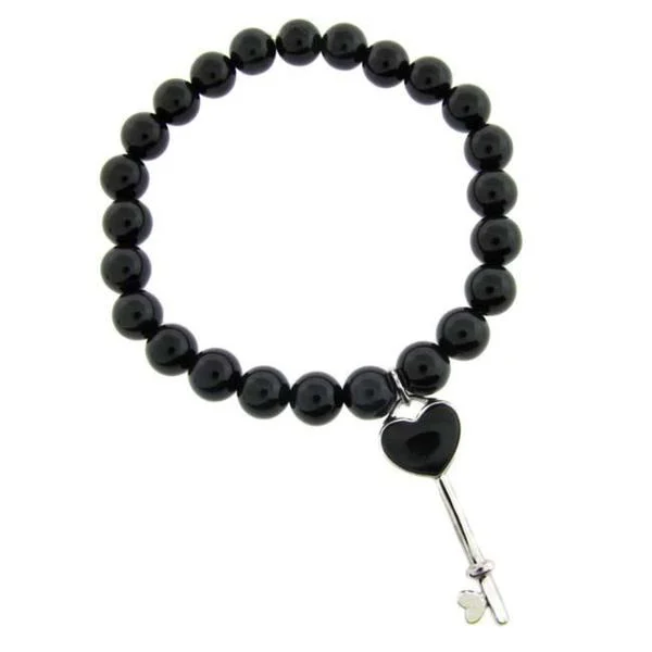 Fashionable stacking bracelets for women-Dolce Giavonna Sterling Silver Black Onyx Bead and Heart Key Charm Stretch Bracelet