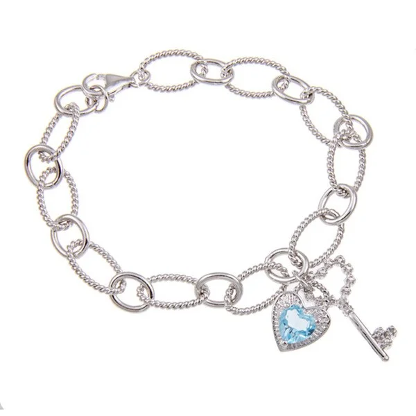 Custom birthstone bangles for mothers-Dolce Giavonna Sterling Silver Blue Topaz and Diamond Accent Charm Bracelet