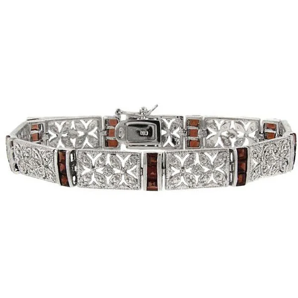 Friendship bracelets for best friends-Dolce Giavonna Sterling Silver Garnet and Diamond Accent Filigree Flower Bracelet