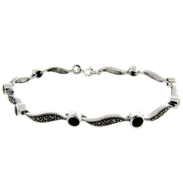 Men’s stainless steel bracelets-Dolce Giavonna Sterling Silver Marcasite and Onyx Bracelet