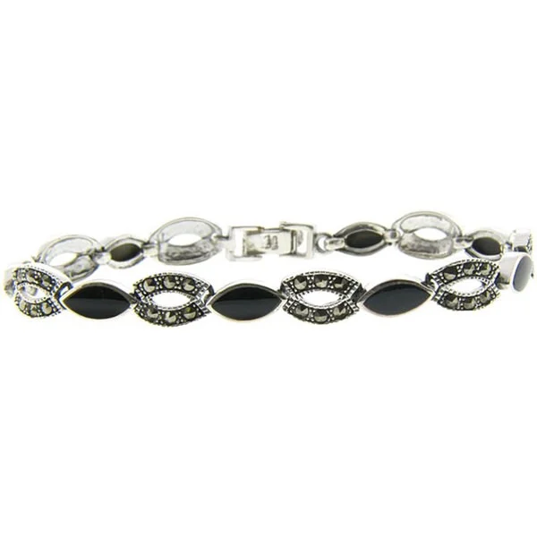 Custom silver bracelets for gifts-Dolce Giavonna Sterling Silver Marcasite/ Black Onyx Marquise-cut Bracelet