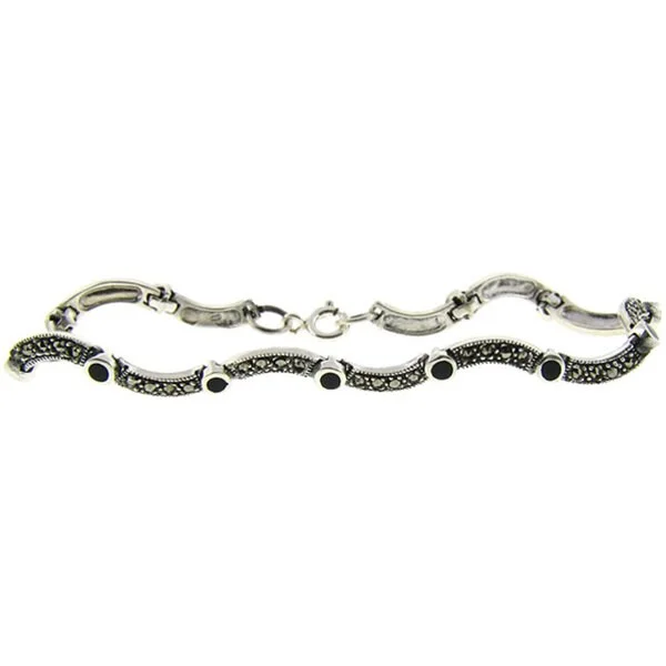 Luxury gold bracelets for women-Dolce Giavonna Sterling Silver Marcasite/ Black Onyx Squiggle Design Bracelet