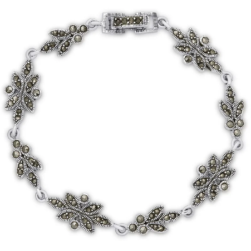 Adjustable gold bracelets for women-Dolce Giavonna Sterling Silver Marcasite Flower Design Bracelet