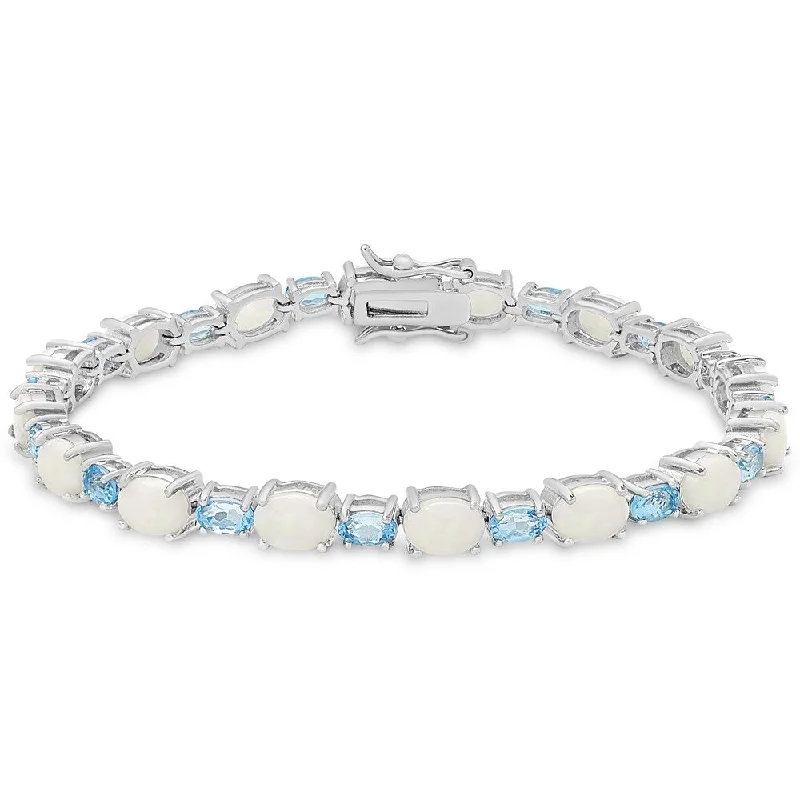 Men’s silver bracelets with engraving-Dolce Giavonna Sterling Silver Opal and Blue Topaz Oval Link Bracelet