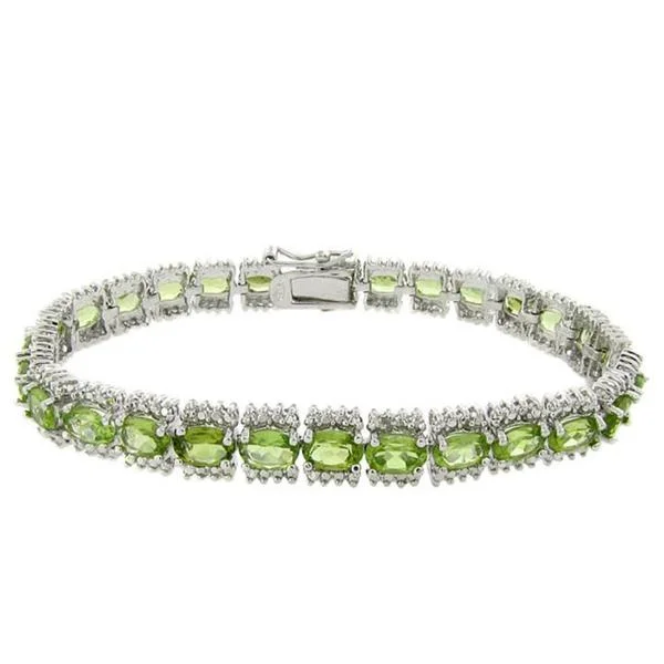 Men’s silver bracelets with engraving-Dolce Giavonna Sterling Silver Oval-cut Peridot and Round-cut Diamond Accent Link Bracelet