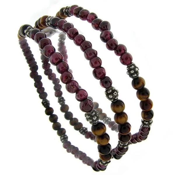 Custom initial bracelets for women-Dolce Giavonna Sterling Silver Tiger's Eye and Garnet Bracelets (Set of 3)