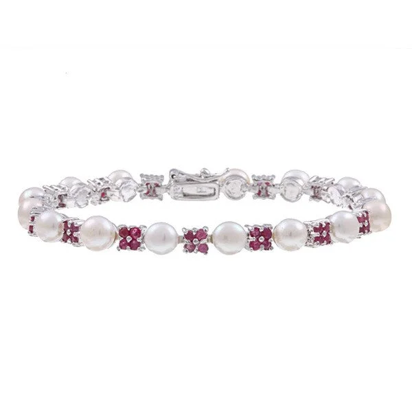 Luxury charm bracelets for women-Dolce Giavonna Sterling Silver White Freshwater Pearl and Ruby Link Bracelet (6 mm)