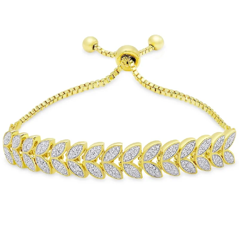 Women’s gold bracelets with diamonds-Finesque Gold Overlay 1/4ct TW Diamond Leaf Adjustable Bracelet