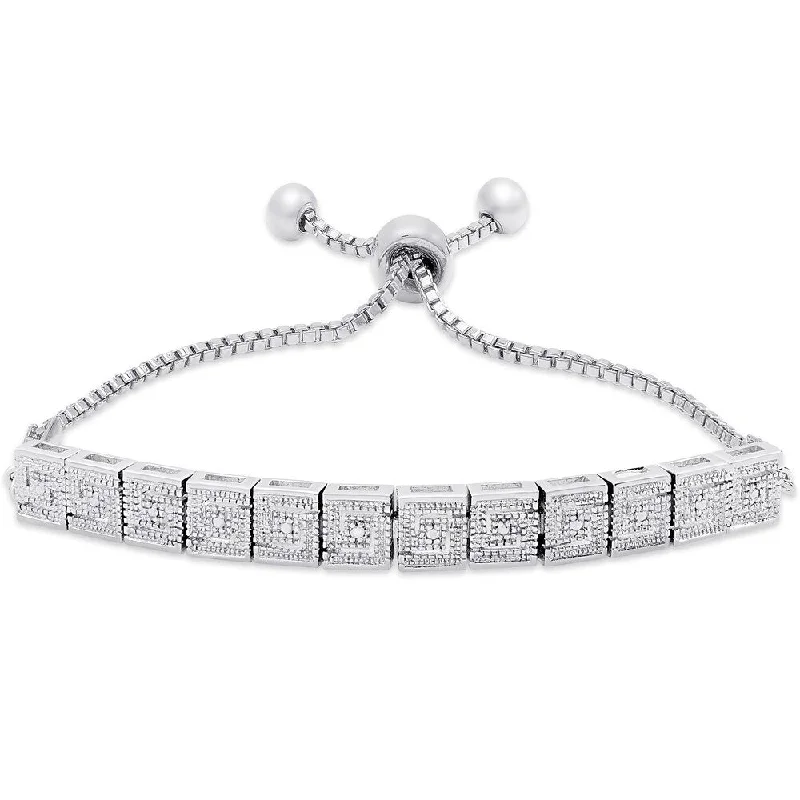 Fashionable leather bracelets for women-Finesque Silver Overlay Diamond Accent Greek Key Design Adjustable Slider Bracelet