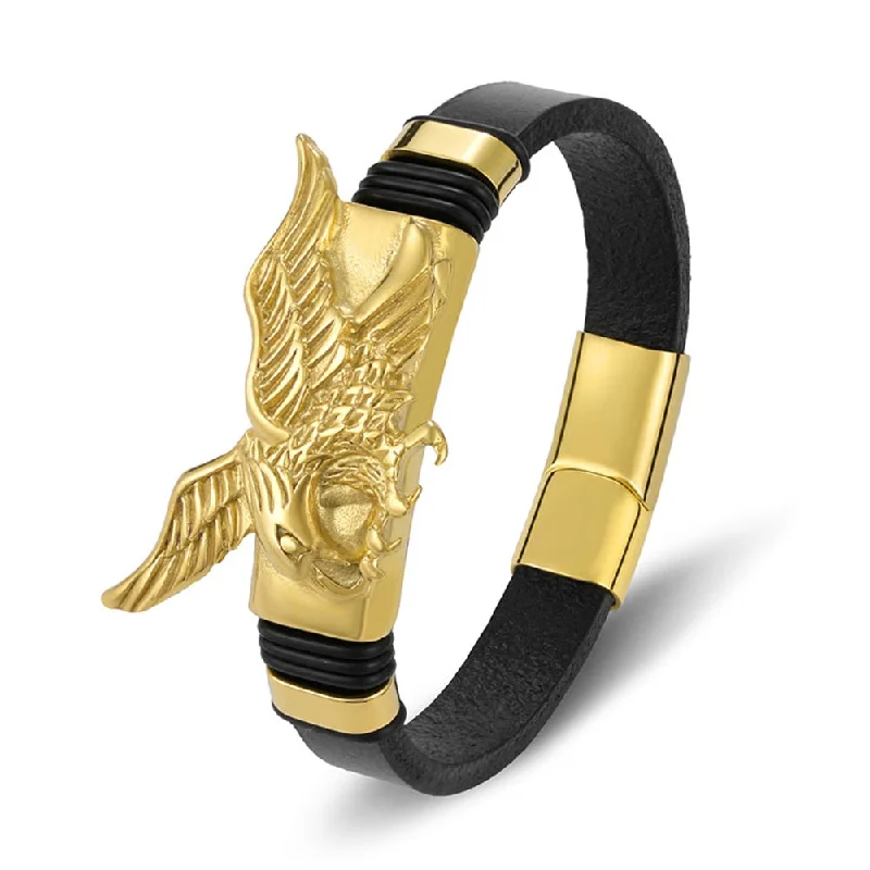 Trendy gold bracelets for women-Gold Plated Stainless-Steel Leather Flying Eagle Bracelet