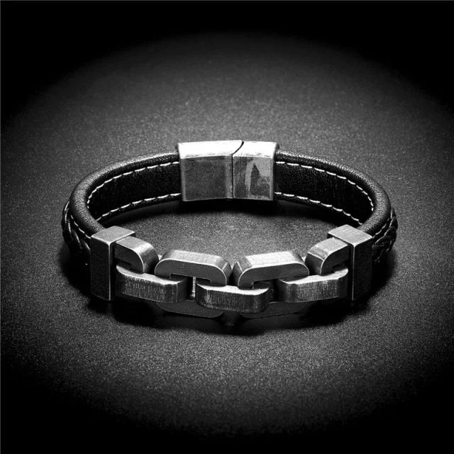 Custom silver bangles for women-Gunmetal Stainless Steel Leather Biker Chain Bracelet