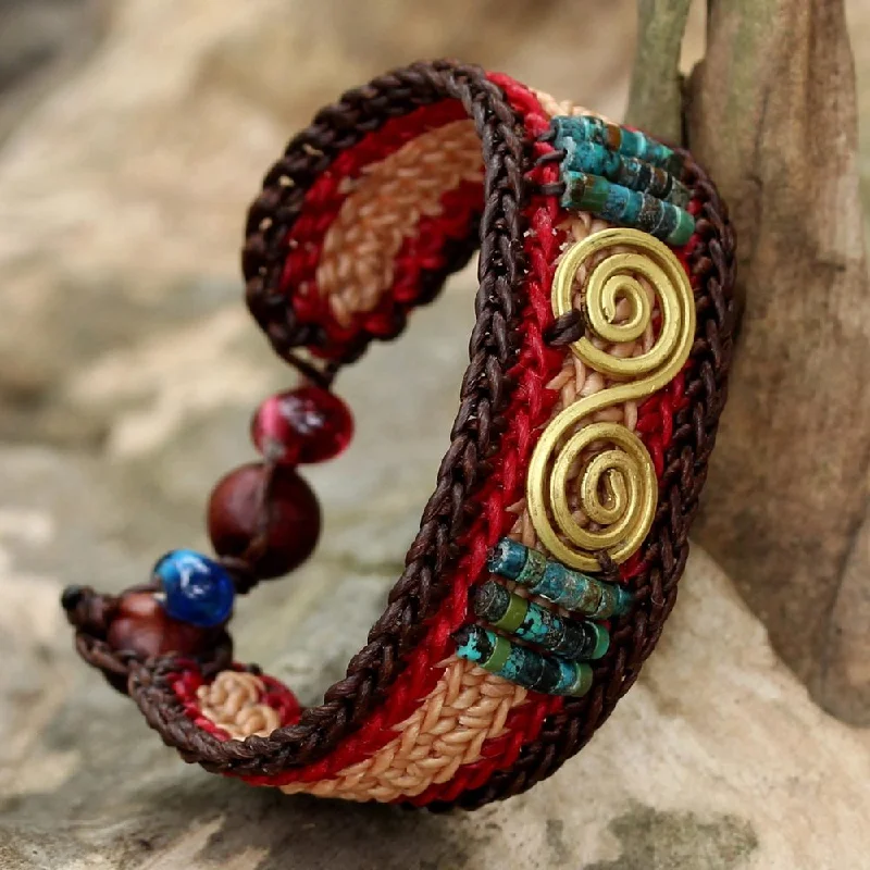 Silver bracelets with birthstones-Handmade Brass 'Siam Spirals' Turquoise Bracelet (Thailand)