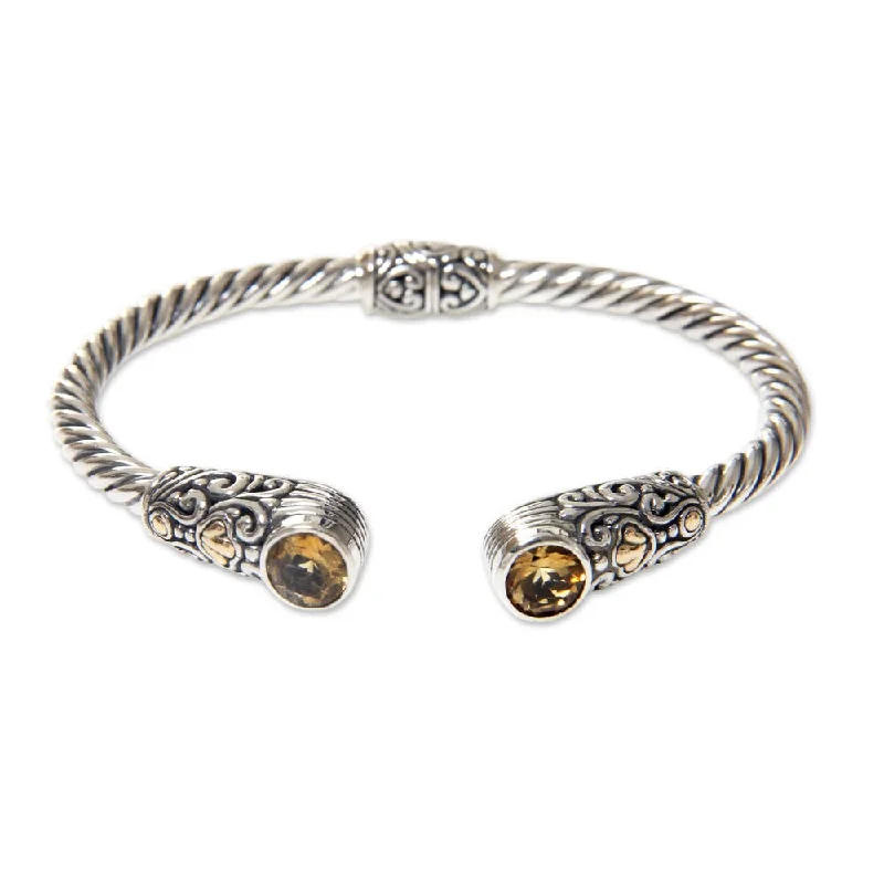 Silver bracelets for couples with initials-Handmade Gold Accent Sterling Silver Citrine Cuff Bracelet, 'Sukawati Secret' (Indonesia)