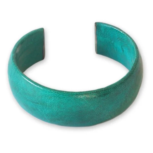 Trendy stacking bracelets for girls-Handmade Leather 'Annula in Sea Green' Cuff Bracelet (Ghana)