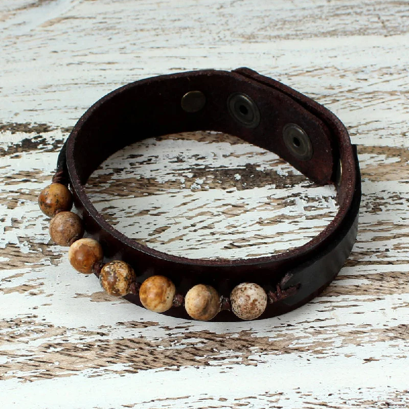 Custom initial bracelets for women-Handmade Men's Leather 'Rock Party' Jasper Bracelet (Thailand)