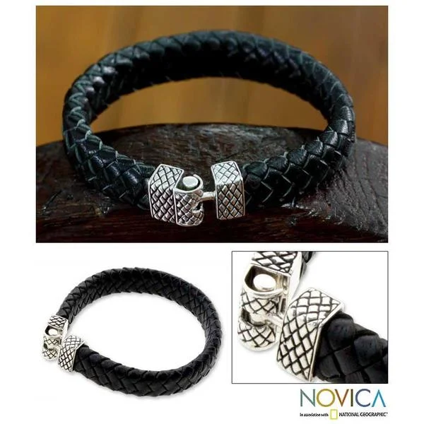 Trendy beaded bracelets for women-Handmade Sterling Silver Men's 'Virile' Leather Bracelet (Indonesia)