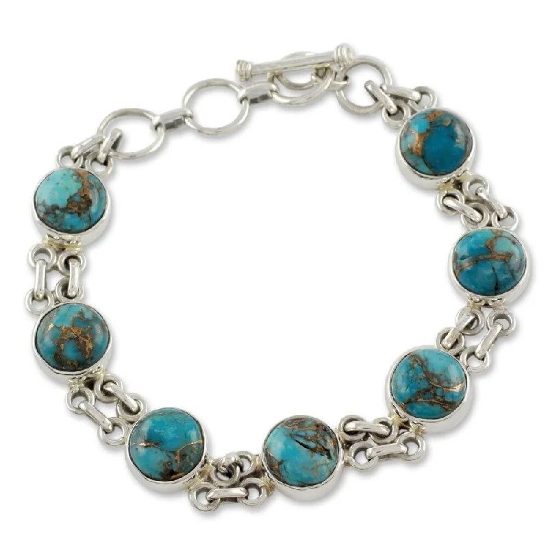 Custom birthstone bangles for mothers-Handmade Sterling Silver Sky Paths Turquoise Link Bracelet (7.25 IN) (India)