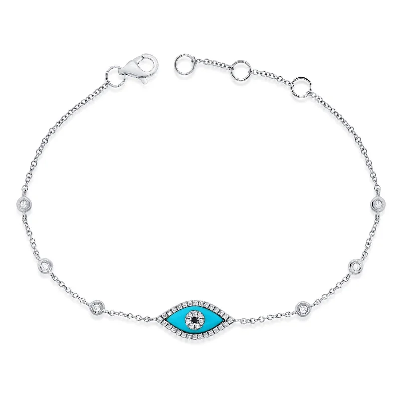 Personalized bracelets for couples-Joelle Pave Diamond & Turquoise Evil Eye Bracelet 14K White Gold