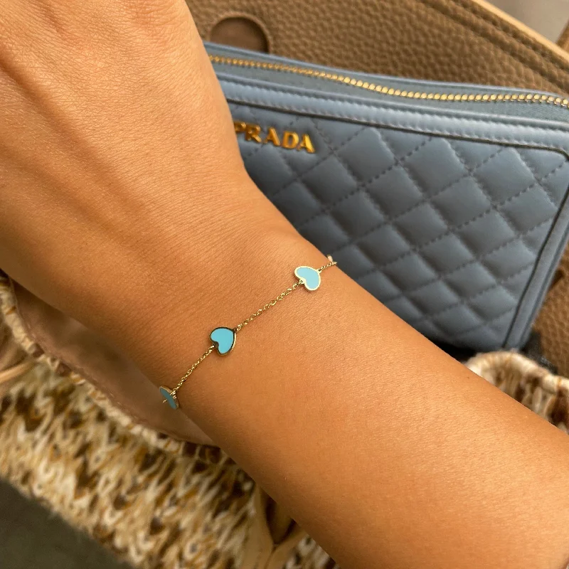 Luxury silver bracelets with gemstones-Joelle Turquoise Heart Inlay Stackable Bracelet - 14K Gold