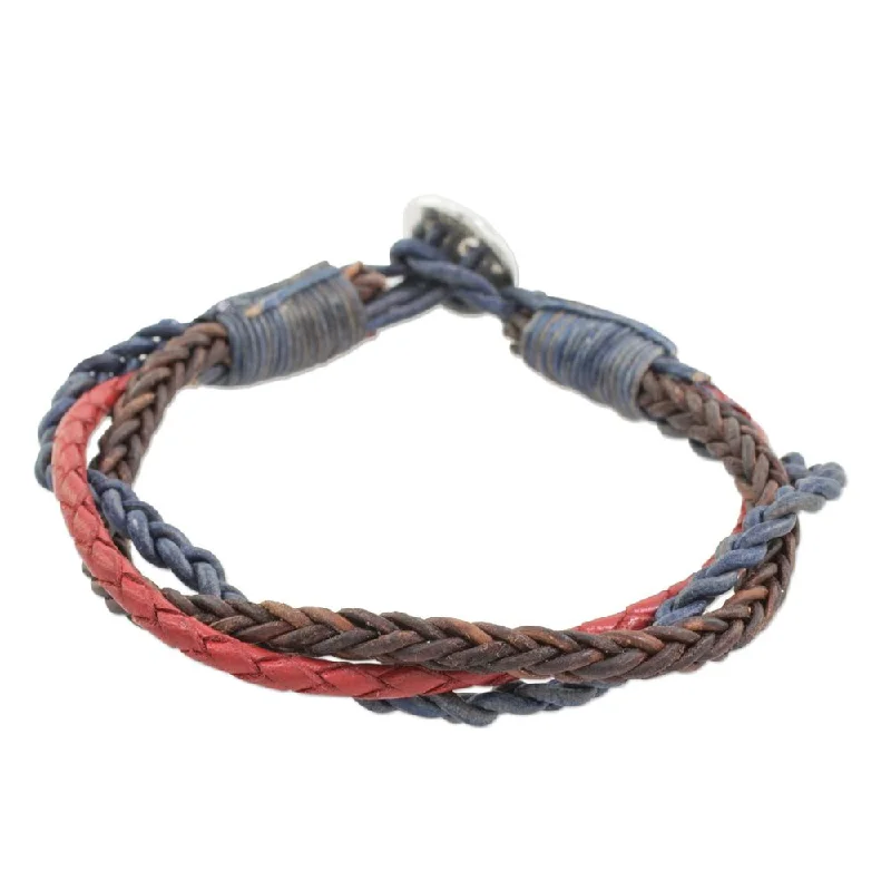 Personalized leather bracelets for gifts-Leather and Fine Silver Braided Wristband Bracelet, 'Walks of Life' (Guatemala) - 7'6" x 9'6"