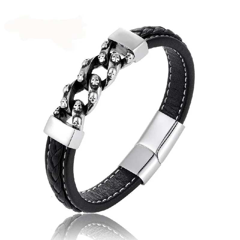 Luxury diamond bracelets for women-Leather Oxidized Stainless Steel Multiple Skulls Bracelet