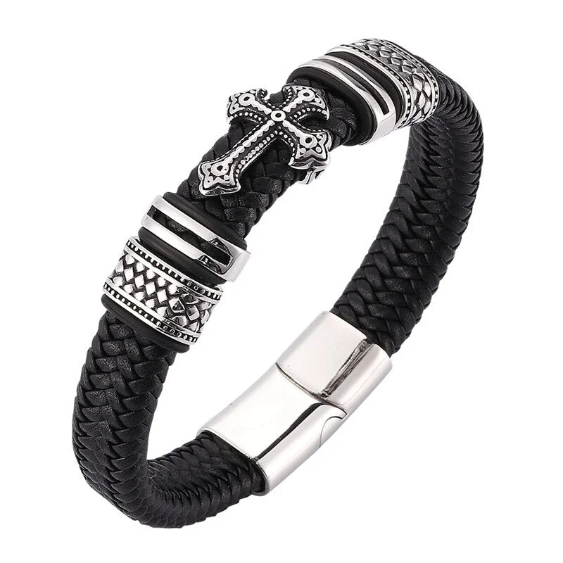 Luxury silver bracelets with gemstones-Braided Leather Stainless Steel Cross Bracelet