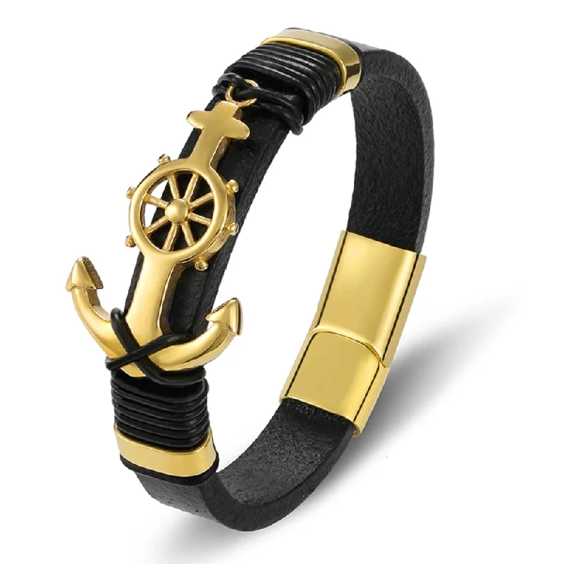 Simple gold bracelets for everyday wear-Men's Stainless Steel Leather Anchor Cross Bracelet