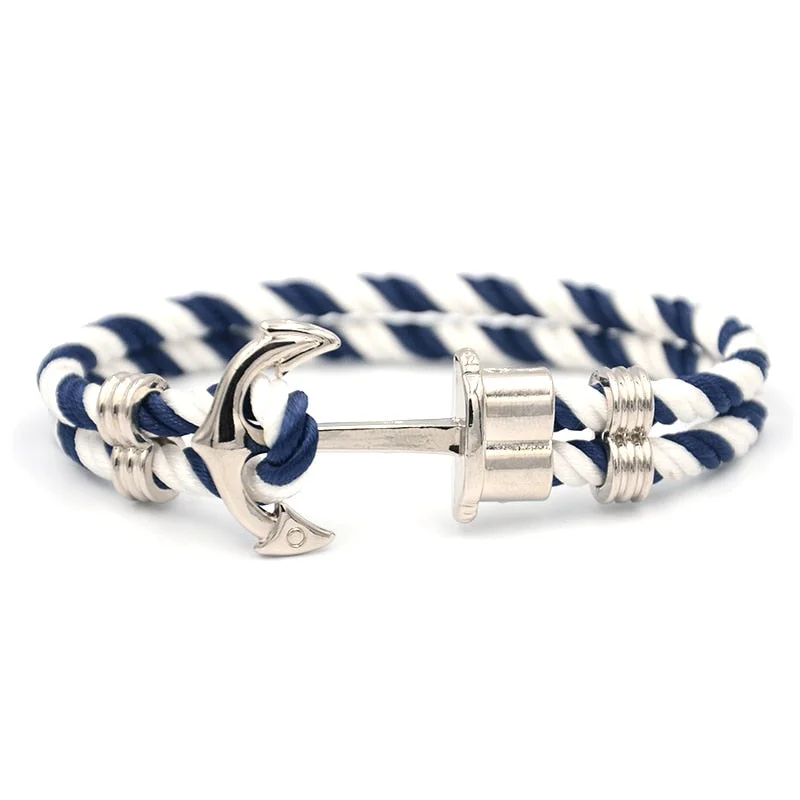 Designer gold bracelets for women-Navy Blue-White Nautical Rope Stainless Steel Anchor Bracelet 8.46"