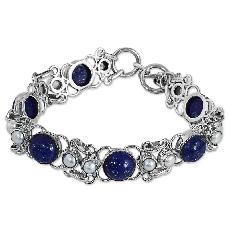 Minimalist silver bracelets for men-NOVICA Cultured Pearl and Lapis Lazuli Link Bracelet, 'Twilight Garden' (India) - 7'6" x 9'6"