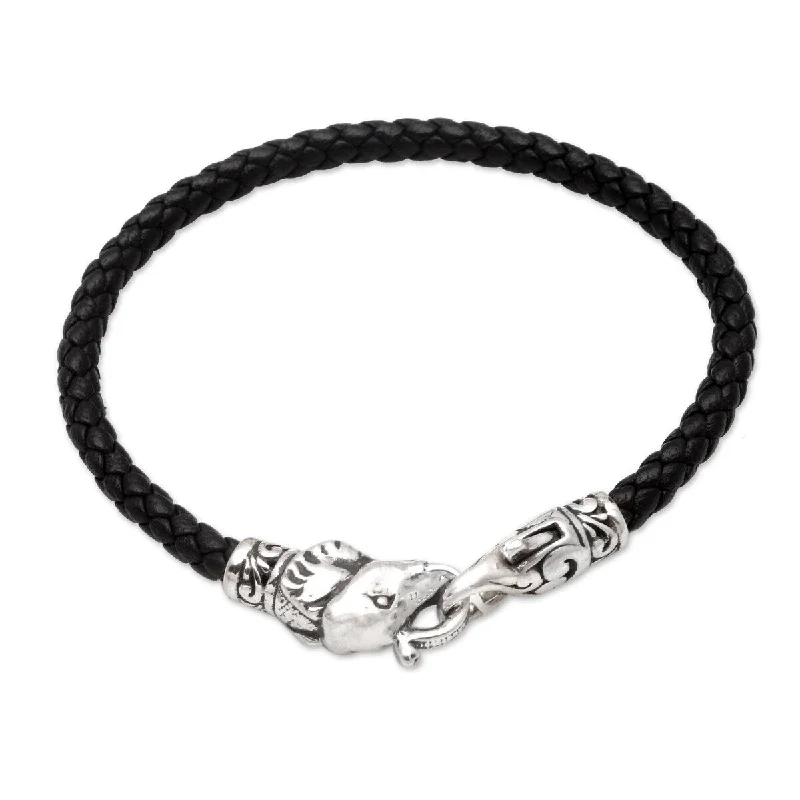 Silver bracelets with birthstones-NOVICA Elephant Clasp, Sterling silver and leather cord bracelet