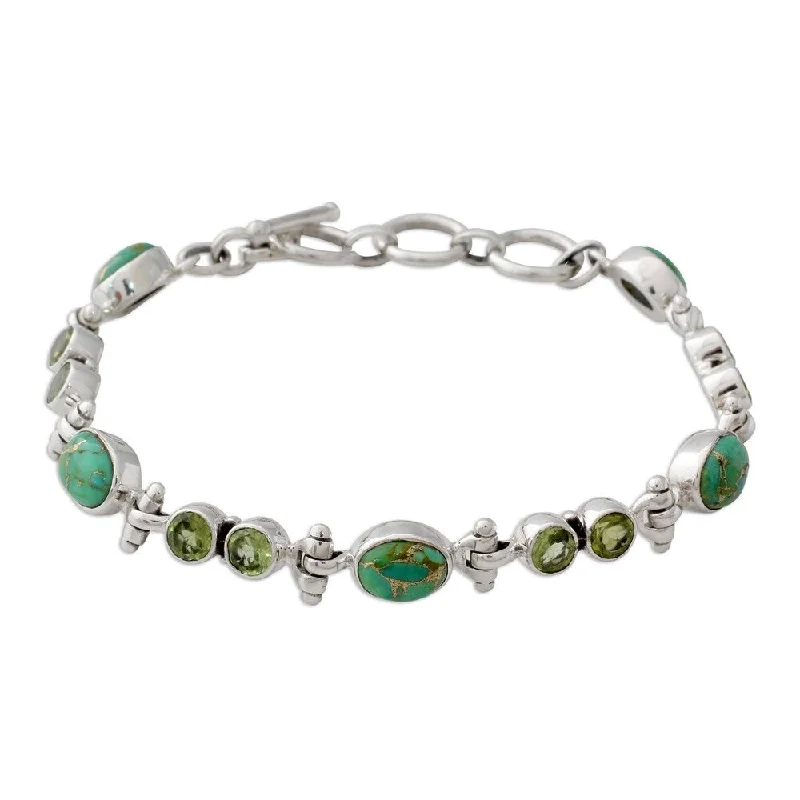 Simple beaded bracelets for women-NOVICA Handmade Sterling Silver Green Glow Peridot Turquoise Bracelet (India)