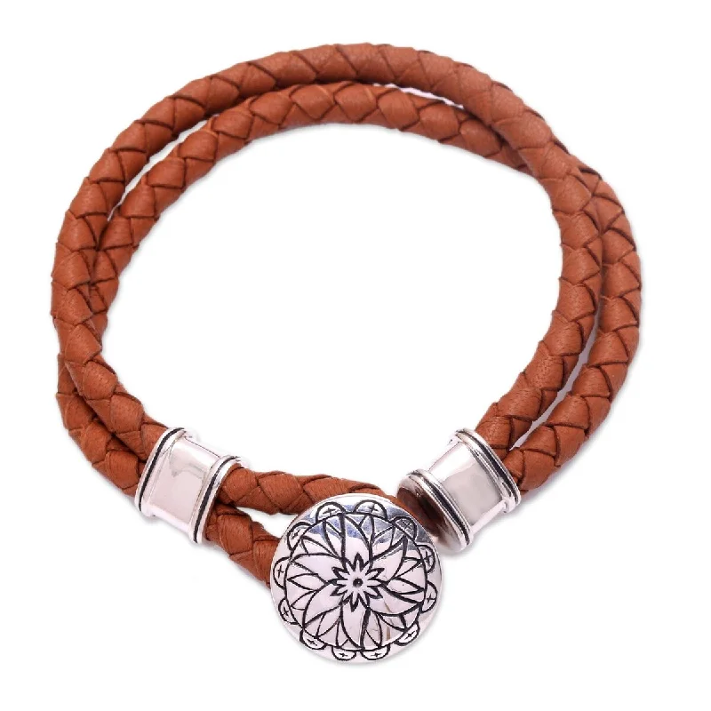 Custom birthstone bracelets for couples-NOVICA Lotus, Sterling silver accent leather braided bracelet