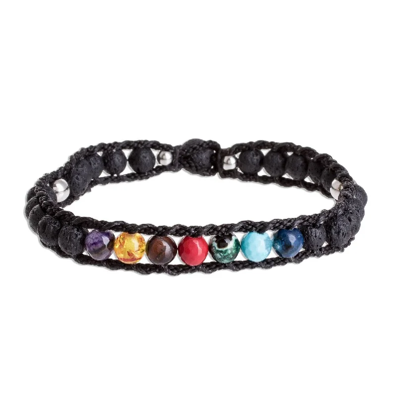 Women’s gold bracelets with diamonds-NOVICA Planet Colors in Black, Men's glass and lava stone beaded macrame bracelet