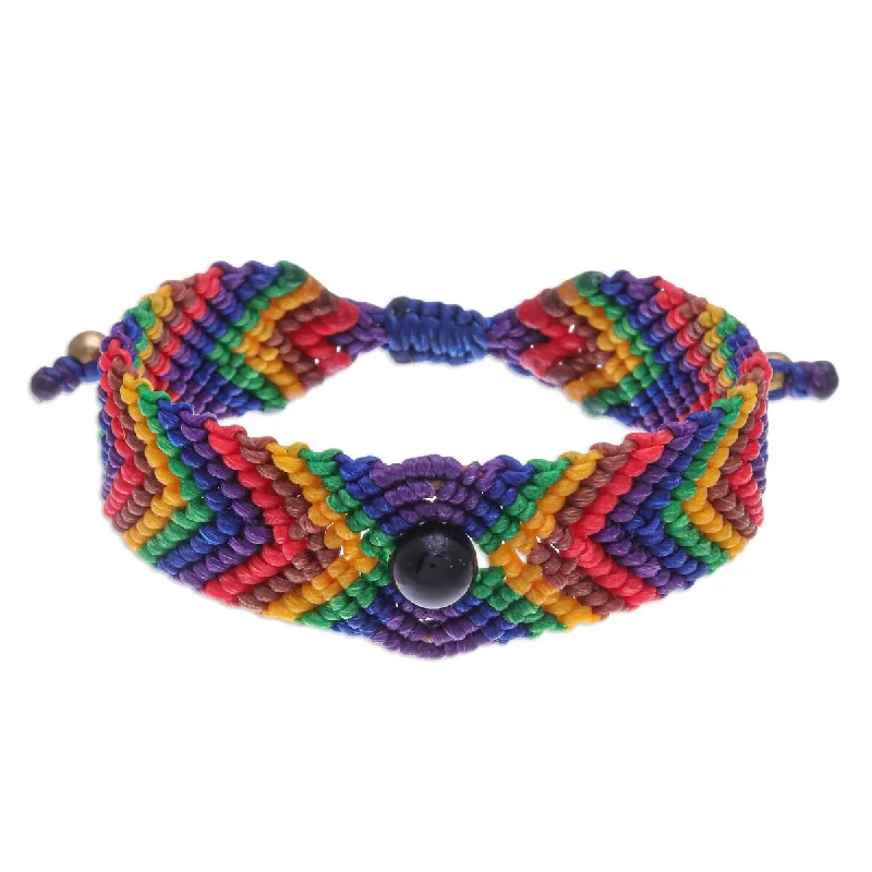 Wedding bracelets for brides-NOVICA Rainbow Cool, Onyx beaded macrame wristband bracelet