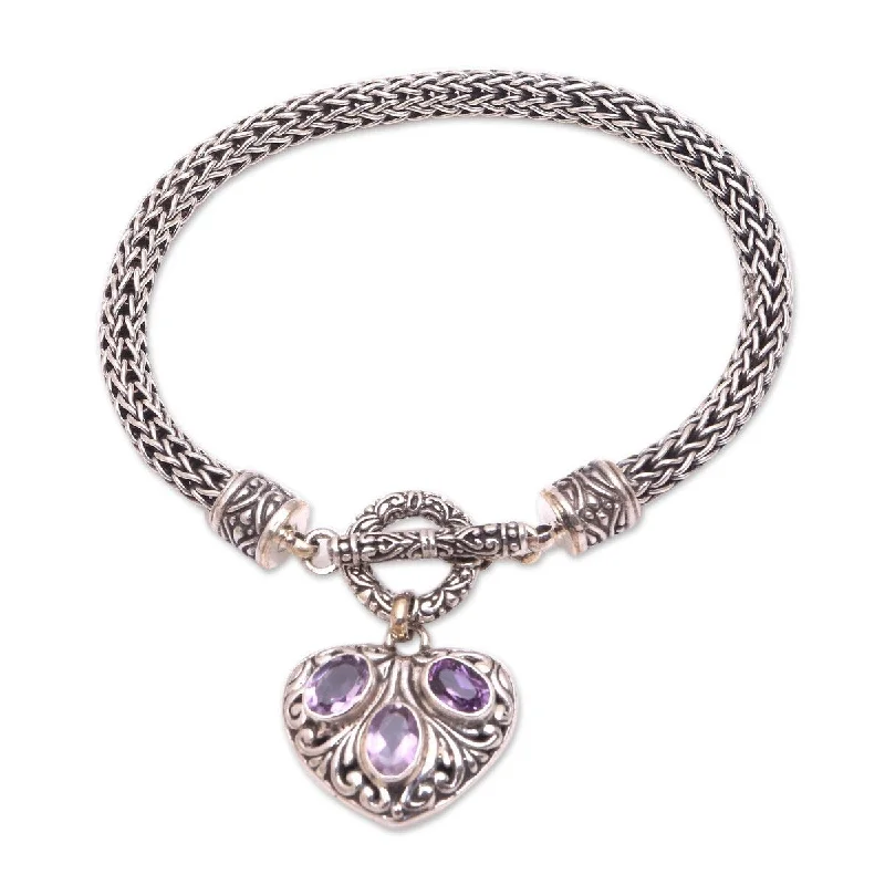 Silver bracelets for couples with initials-NOVICA Three Times the Love, Amethyst chain bracelet