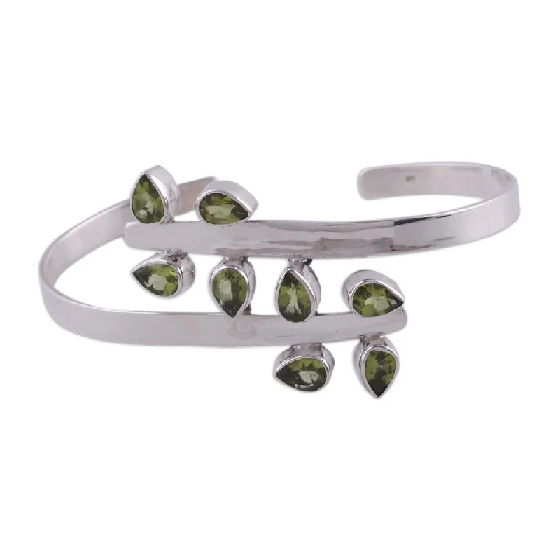 Sterling silver bracelets for men-Peridot Cuff Bracelet, 'Forest Fern' (India) - 7'6" x 9'6"