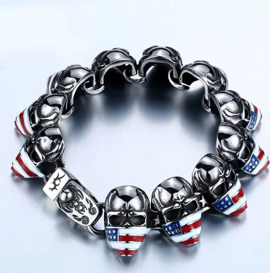 Adjustable bracelets for women-Stainless Steel American Flag Skull Biker Bracelet 8.5"