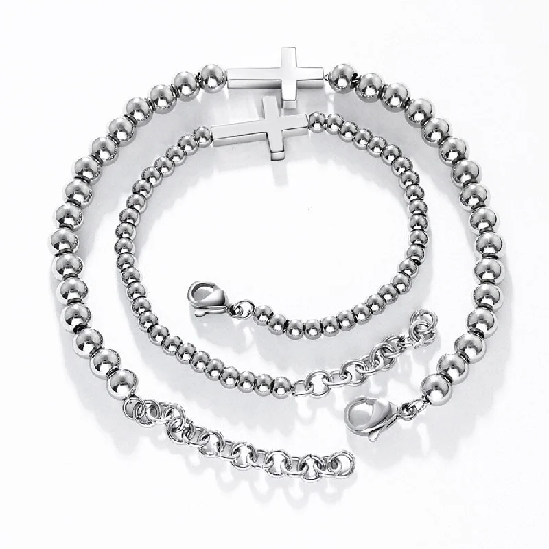 Adjustable gold bracelets for women-Stainless Steel Beaded Sideways Horizontal Cross Link Bracelet