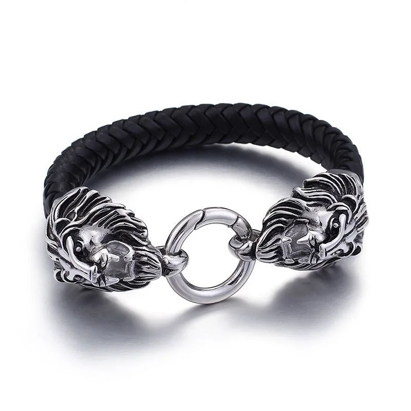 Silver cuff bangles for women-Stainless Steel Braided Black Leather Double Lions Bracelet